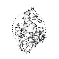 a black and white drawing of a sea horse with flowers on it's back