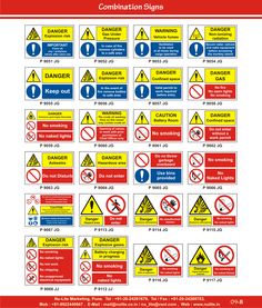 a poster with various warning signs on the front and back of it, all in different colors