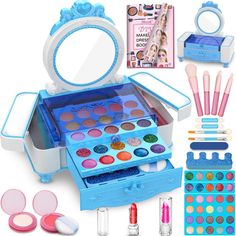 I'm Selling A Child-Friendly Makeup Kit That's Perfect For Your Little One's Playtime. This Comprehensive Set Includes All The Essentials For Lips, Eyes, And Overall Creative Fun, Neatly Packed In A Blue Box With A Mirror, Making It A Portable Play Dresser. The Kit Is Designed To Be Safe For Children, With High-Quality, Washable Ingredients That Won't Stain Their Skin Or Your Furniture. It's Ideal For Kids Aged 3 To 12, Fostering Their Creativity, Imagination, And Fine Motor Skills, All While Th Makeup Toys, Makeup Kit For Kids, Kids Makeup, School Play, Holiday Makeup, Makeup Items, Birthday Wishlist, Blue Box, Makeup Set