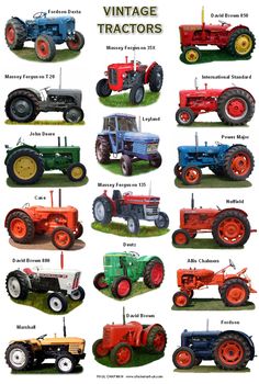 an image of old tractors in different colors