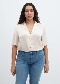 Short-sleeved satin shirt - Women | Mango USA Chic Collared Top For Semi-formal Occasions, Chic Semi-formal Collared Shirt, Semi-formal V-neck Top With Button Closure, Chic Semi-formal Shirt With Collared Neckline, Chic Blouse With Johnny Collar For Work, Chic Tops With Lapel Collar And Placket, Chic Workwear Blouse With Johnny Collar, Elegant Summer Tops With Johnny Collar, Chic Johnny Collar Blouse For Spring