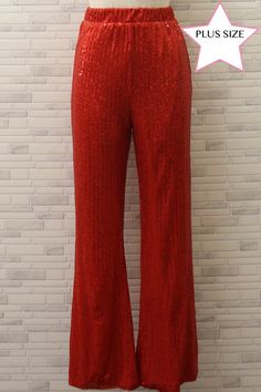 Be the shining star of any event with our Plus Size Sequin Flare Pants. These pants will add a touch of glamour to your outfit with their sparkling sequin design. Feel confident and stylish as you make a statement in these elegant pants. Perfect for any special occasion. Sequins flare pants with elastic waistband. Model is wearing size 1X Height: 5'10" Bust: 34 Waist: 24 Hip: 35 Fabric Contents 100% Polyester