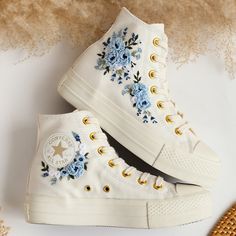 ad eBay - Embroidered Converse Platform, Wedding Converse Embroidery Dusty Blue Floral - Buy Now, click the link (eBay) Wedding Sneakers For Bride, Sneakers Wedding, Converse Embroidery, Embroidered Vans, Cute Converse Shoes, Embroidered Sneakers, Bridal Sneakers, Chuck Taylor Shoes, Embroidered Converse