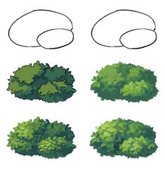 the top view of trees and bushes with different shapes, sizes and colors on white background