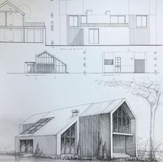 three drawings of different types of houses and buildings, one in the process of being drawn