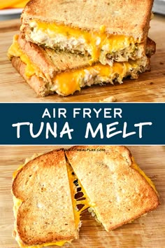 an air fryer tuna melt sandwich cut in half