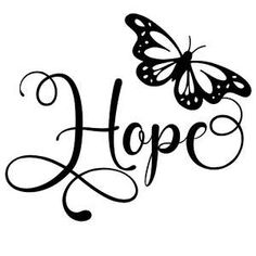 the word hope with two butterflies flying above it, in black ink on a white background