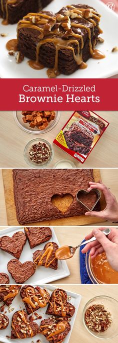 there are several different types of brownie hearts on the table, including one with caramel - drizzled brownies