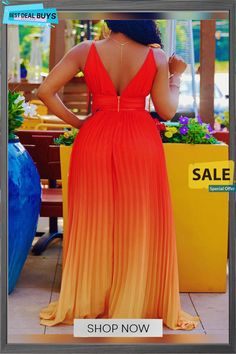 Women's Deep V-neck Sexy Straps Pleated Maxi Dress Orange V-neck Maxi Dress For Night Out, Flirty V-neck Maxi Dress, Pleated Maxi Dress, Pleated Maxi, Deep V Neck, Deep V, Shop Now, Maxi Dress, V Neck