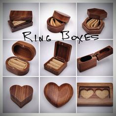 several pictures of wooden boxes with heart shaped cookies in them and the words ring boxes