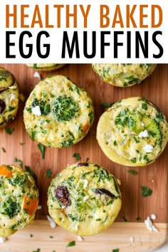 healthy baked egg muffins on a cutting board with text overlay that says healthy baked egg muffins