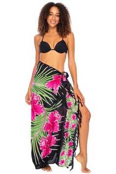 HAWAIIAN PARROT SARONG. Striking parrot sarong wrap with vibrant tropical colors gives you an exotic look and feel. Trimmed with boho fringed edges. Includes a coconut clip for easy tying GENEROUSLY SIZED at 67x 45, this swimsuit cover up fits most sizes. Wear it as a sarong skirt, wrap as a pareo dress, or wear as a shawl. Use for a beach blanket, tablecloth, even a colorful wall hanging 100% RAYON. With a soft, silky feel, rayon is a natural fiber that lets skin breathe. This bathing suit or b Black Summer Swim Skirt For Beach, Black Swim Skirt For Poolside Vacation, Black Summer Swim Skirt For Vacation, Black Swim Skirt For Summer Vacation, Black Swim Skirt For Vacation Poolside, Black Swim Skirt For Beach Season, Black Sarong For Beach Vacation, Black Swim Skirt For Summer Beach Cover-up, Black Sarong For Vacation Beachwear