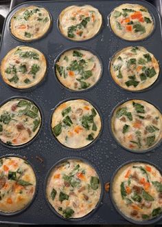 muffin tins filled with different types of food