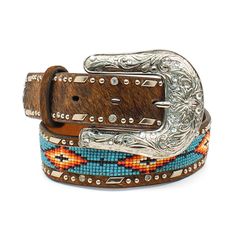 Featuring a multicolor beaded center with nailheads and rhinestone conchos this Southwest inspired belt is perfect for your littlest cowboy or cowgirl. Multicolor beaded center with rhinestones ImportedSouthwest Beaded Hair-On Belt | Kid's Southwest Beaded Hair-On Belt in Brown, Size: 20 by Ariat Ariat Belts, Girls Belts, Kids Belt, Western Belt Buckles, Concho Belt, Western Boots Women, Rhinestone Belt, Beaded Belt, Western Belts