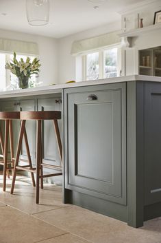 two stools are in front of the kitchen island