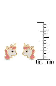 Add a whimsical touch to your little one's look with this pair of sweet unicorn earrings plated in 18-karat gold. Adult supervision strongly recommended; jewelry presents choking hazard and should be removed when infant or small child is unattended 1/4" square Surgical steel post back 18k-gold plate/enamel Imported Kids' Wear Item ships in a gift box Playful Gold Hypoallergenic Earrings, Playful Hypoallergenic Gold Earrings, Cute White Huggie Jewelry, Playful Gold Earrings, Cute Adjustable Huggie Earrings, White Unicorn Print Jewelry For Gifts, White Unicorn Print Jewelry For Gift, Playful Gold Earrings For Gift, Playful Gold Earrings As A Gift