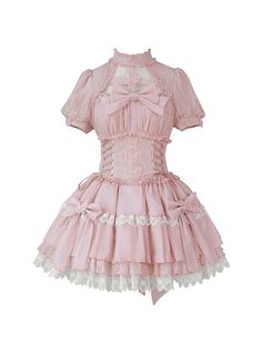 Kawaii Fitted Dress With Puff Sleeves, Fitted Puff Sleeve Kawaii Dress, Pink Kawaii Mini Dress With Ruffles, Cute Fitted Mini Dress With Bow, Kawaii Dresses With Bow, Kawaii Puff Sleeve Party Dresses, Pink Kawaii Mini Dress With Short Sleeves, Cute Short Sleeve Dress With Bow, Spring Short Sleeve Dress With Ribbon