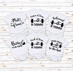 six personalized onesuits with the words bride and groom in training on them