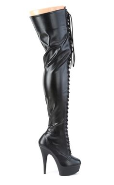 6" Lace-Up Stretch PF Thigh Boot, Side ZipHEEL/PLATFORM : 6" Heel, 1 3/4" PFFIT GUIDE : True to sizeVEGAN : Yes﻿SIZE ﻿: US women's sizing. Fitted Gothic Heeled Boots With High Heel, Edgy Fitted Knee-high Boots In Polyurethane, Edgy Fitted Knee-high Polyurethane Boots, Fitted High-cut Leather Heeled Boots, Gothic Leather Boots For Club, Fitted Over-the-knee Polyurethane Boots, Evening Thigh-high Faux Leather Boots, Gothic Knee-high High Heel Boots, Gothic Thigh-high Boots For Party