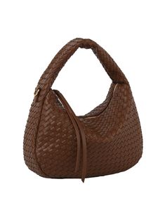 Crafted from faux vegan leather, this hobo shoulder bag boasts a beautifully woven design that exudes style and sophistication. Color: Chocolate Brown Zip top closure Gold-tone hardware Detachable shoulder strap L 13 * H 9.5 * W 3.5 (3.5 D) Chic Brown Braided Bucket Bag, Trendy Braided Leather Shoulder Bag, Chic Brown Hobo Bag With Woven Leather, Chic Brown Woven Leather Hobo Bag, Chic Brown Shoulder Bag With Interwoven Design, Chic Brown Hobo Bag With Intrecciato Weave, Chic Braided Hobo Bag For Everyday, Braided Hobo Shoulder Bag, Chic Braided Hobo Bag