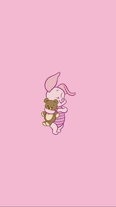 a pink wall with a teddy bear and bunny hugging each other on it's back