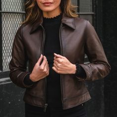 Women's Edition Point Collar Jacket in Old English Leather - Thursday Classic Leather Jacket With Zipper For Work, Classic Leather Jacket With Zipper For Fall, Fall Leather Jacket For Work With Double-needle Stitching, Brown Leather Jacket With Zipper For Work, Fitted Leather Jacket With Double-needle Stitching For Fall, March Vibes, Leather Jacket Looks, Leather Jacket Fits, Casual Trendy Outfits