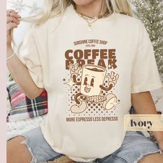 Espresso is my favorite. How about you? We love this retro character driven tee. Coffee shop look, with a funny phrase at the bottom, more espresso, less depresso! Makes a great birthday or holiday gift for the coffee lover in your life.   Comfort colors uses a superior dye process, making these some of the most well made & in demand shirts in the industry!   Comfort colors employs 2 different dye processes  to create 2 different types of color consistencies.  The Pigment color dye process creat Coffee Tee Shirt, Coffee Shirt, Coffee Shirt Ideas, Retro Coffee Shop, Coffee Tshirt Design Graphic Tees, Retro Funny Print T-shirt As Gift, Coffee Graphic Tee With Graphic Print, Cute Coffee-colored T-shirt With Graphic Print, Casual Coffee T-shirt With Screen Print