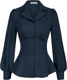 Amazon.com: Navy Blue Tops for Women Dressy Peplum Top Casual Fall Vintage Button Down Blouse Navy Blue XL : Clothing, Shoes & Jewelry Sleeve Work Blouse, 80s Japanese Fashion, Trendy Womens Shirts, Womens Peplum Tops, Wardrobe Vintage, Patch Dress, Fashion Silhouette, Peplum Tops, Red Blouse