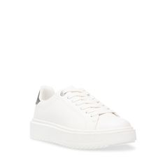 Sport an interesting look with these women's Steve Madden Chunky casual sneakers. Donning synthetic upper with lace-up front, these lace-up sneakers have padded collar and tongue, signature-detailed footbed, contrasting heel patch with patterns and supportive outsole with chunky platform. | Steve Madden Women's Catcher Platform Sneaker in White/Black Size 5. 5 Medium Trendy Lace-up Wedge Sneakers With White Sole, Trendy Lace-up Wedge Sneakers With Rubber Sole, Sporty Lace-up Wedge Sneakers With Contrast Sole, Low-top Sneakers With Textured Sole For Streetwear, Low-top Streetwear Sneakers With Textured Sole, Low-top Textured Sole Sneakers For Streetwear, Trendy Custom Lace-up Sneakers, Streetwear Low-top Sneakers With Textured Sole, Studded Lace-up High-top Sneakers For Sports