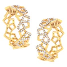 Indulge in the opulence of these 14K yellow gold hoop earrings, where luxury meets geometric elegance. Each piece parades a mesmerizing honeycomb pattern, meticulously set with natural diamonds that dazzle with G-H color and SI1-SI2 clarity, ensuring a brilliant display of sparkle. The distinction of the crisp, white spaces interspersed within the design enhances the captivating allure, making these earrings a testament to sophisticated craftsmanship. Measuring an ideal 24mm, they sit gracefully along the contour of your ear, secured with a practical latch back clasp. These hoops are not just accessories; they are a celebration of style, designed to catch the light and admiring glances at every turn. Product Features: Diamond Type: Natural White Diamonds Diamond Count: 114 Round-Cut Diamon Honeycomb Pattern, Diamond Settings, Diamond Hoop Earrings, Yellow Gold Earring, Earring Findings, Jewelry Earrings Hoops, Gold Hoop, Gold Hoop Earrings, Round Cut Diamond