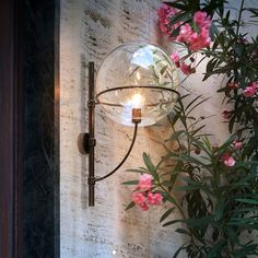 a light that is on the side of a wall next to some plants and flowers