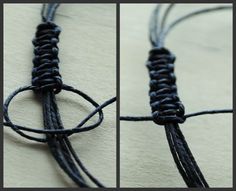 two pictures of the same black rope with one knot on each side and another knot on the other