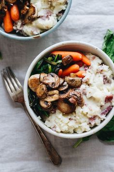 two bowls filled with mashed potatoes, carrots and mushrooms