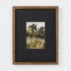 a black and white photo hanging on the wall next to a wooden frame with trees in it