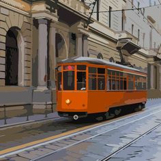 an orange trolley car is on the tracks in front of a stone building and cobblestone street