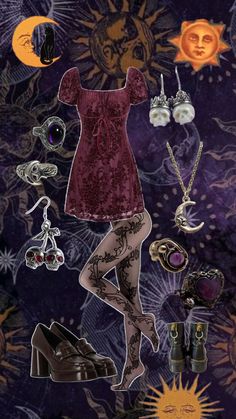 Tights Loafers, Dark Whimsigoth, Whimsigoth Dress, Maximalist Outfit, Maximalist Outfits, Star Skull, Rings Purple, Dress Tights