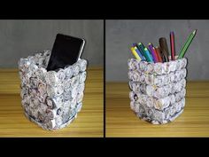 two pictures of a cell phone in a holder made out of toilet paper with pencils and markers