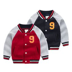 Adorable letterman sports jacket for toddlers boys & girls. Long sleeve jacket with banded cuffs to keep sleeves from riding up. Button up closure for extra warmth protection. Simple stripe design on sleeve and seam resembles baseball and football uniform. Made from softest cotton against delicate skin. Clothing is machine wash safe. More sizes and colors are available for this baby clothing set. See more letterman sports jacket from our category of "Outerwear" for babies.