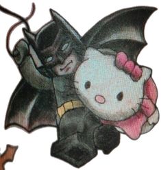 a hello kitty batgirl and cat sitting on top of each other