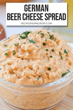 a close up of a bowl of german beer cheese spread