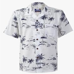 Mens Hawaiian Cotton Aloha Shirt, Short Sleeves Button White Camp Collar Short Sleeve Shirt For Vacation, White Camp Collar Shirt For Vacation, White Short Sleeve Shirt With Camp Collar For Vacation, White Printed Shirt With Camp Collar, White Printed Camp Collar Shirt, White Hawaiian Shirt With Camp Collar For Vacation, White Printed Hawaiian Shirt With Camp Collar, White Collared Shirt For Beach, White Beach Short Sleeve Shirt With Camp Collar