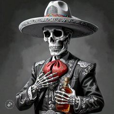 a skeleton wearing a sombrero and holding a bottle in his right hand,