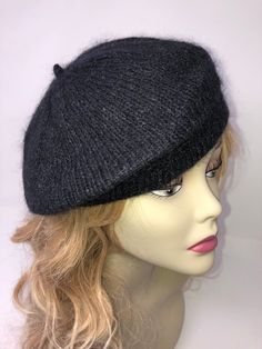 Hand-Knitted Beret/Hat Wool Silk Mohair blend, Black Classic Black Knitted Hat, Classic Winter Beret One Size, Classic Fitted Soft Knit Hat, Winter Black Mini Hats One Size, Black Mini Hats One Size For Winter, Classic Black Mini Hat For Winter, Black Winter Beret, One Size Knitted Beret Cap, Winter Brimmed Beret One Size Fits Most