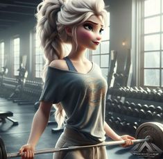 a cartoon character holding a barbell in a gym