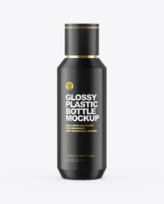 glossy black plastic bottle with gold cap mockup on a white background for product packaging