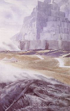 a painting of a castle on top of a hill with steam coming out of it