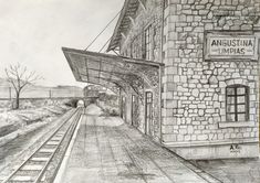 a pencil drawing of an old train station