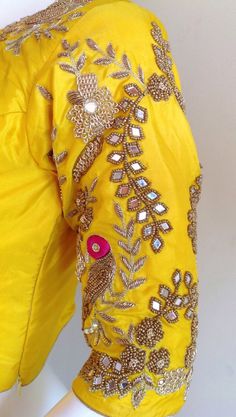 Custom fit pure  silk blouse with mirror work Anarkali Blouse With Gota Work, Traditional Drape Silk Blouse Piece With Mirror Work, Silk Blouse Piece With Gota Work For Navratri, Designer Tops With Gota Work For Diwali, Designer Yellow Blouse With Mirror Work, Yellow Chanderi Blouse Piece With Mirror Work, Yellow Mirror Work Blouse For Diwali, Diwali Yellow Blouse With Mirror Work, Traditional Drape Blouse In Dola Silk With Gota Work