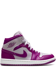 purple/grey leather signature Air Jordan Wings logo signature Swoosh logo detail contrasting panel detail round toe front lace-up fastening logo patch at the tongue ankle-length branded insole rubber sole These styles are supplied by a premium sneaker marketplace. Stocking only the most sought-after footwear, they source and curate some of the most hard to find sneakers from around the world. Jordan Wings, Shoes Outfit Fashion, Nike Air Jordan 1 Mid, Wings Logo, Jordan Air, Cute Nike Shoes, Cute Nikes, Air Jordan 1 Mid, Jordan 1 Mid