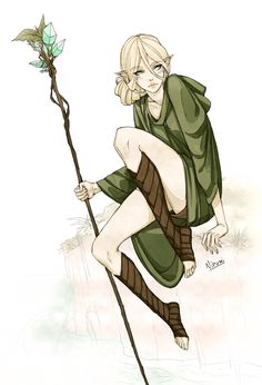 a drawing of a woman holding a stick with leaves on it's head and wearing green